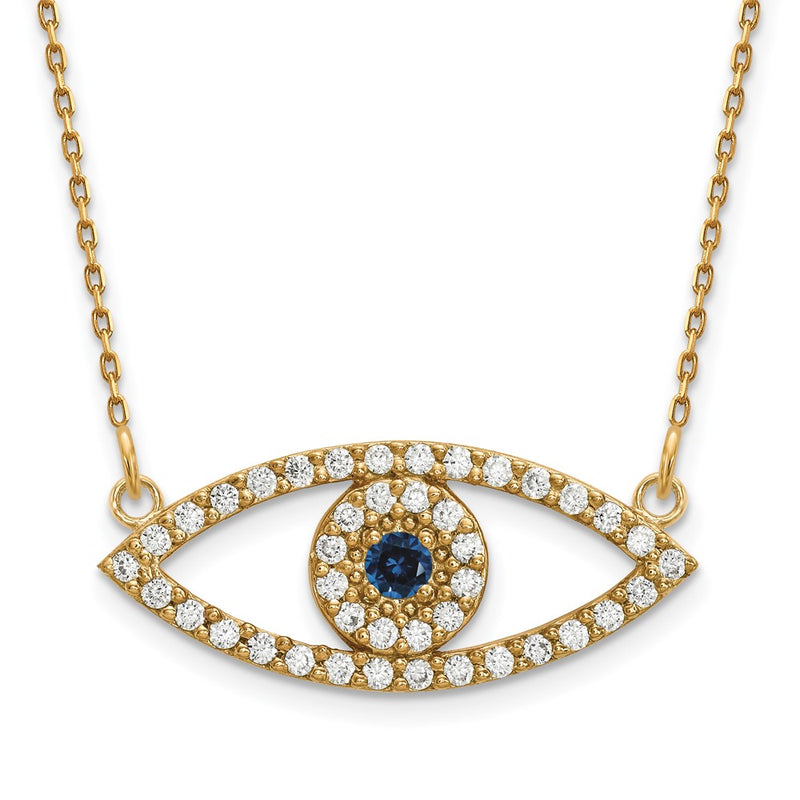 14K Yellow Gold Medium Real Diamond and Sapphire Evil Eye Necklace