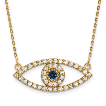 14K Yellow Gold Medium Real Diamond and Sapphire Evil Eye Necklace