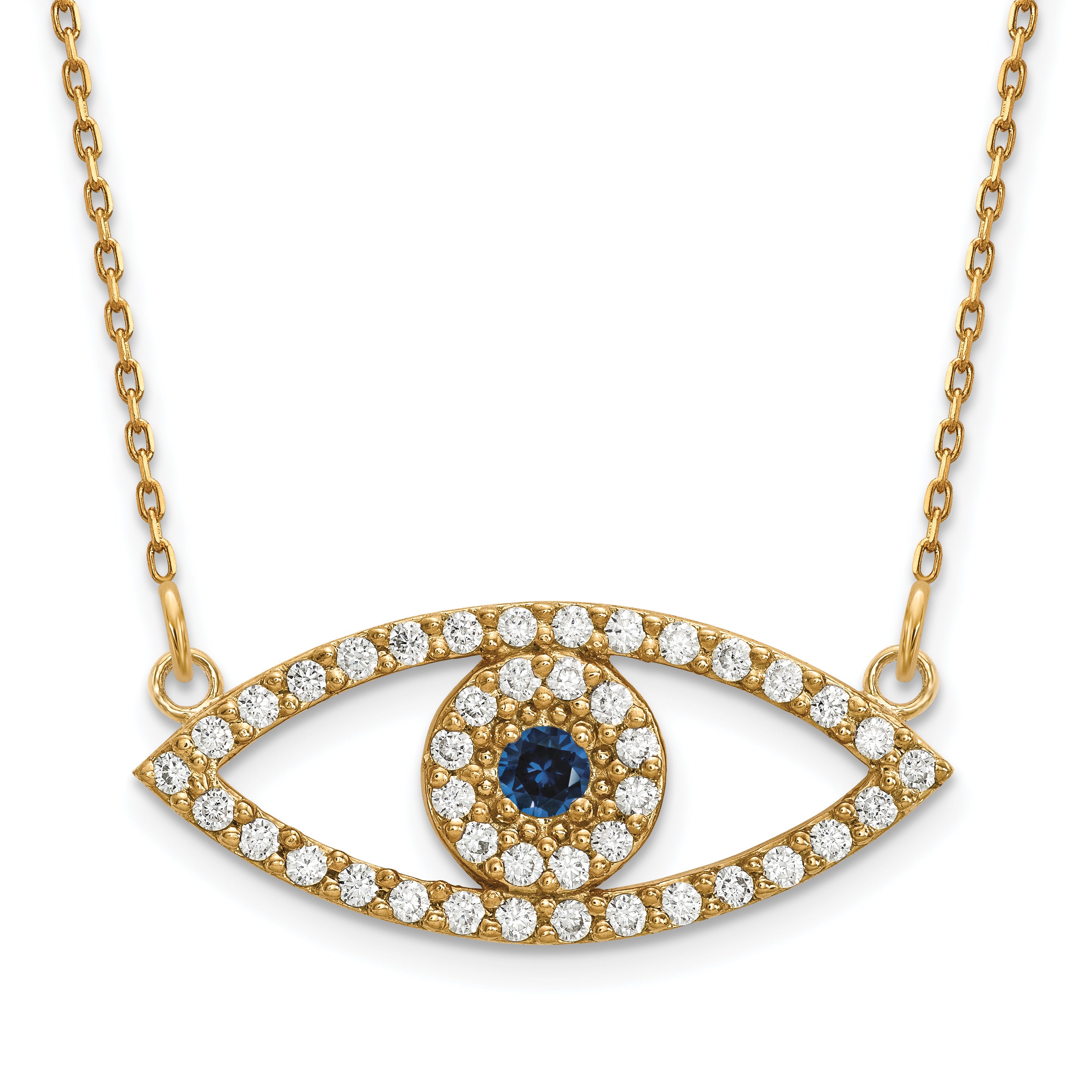14K Yellow Gold Medium Real Diamond and Sapphire Evil Eye Necklace