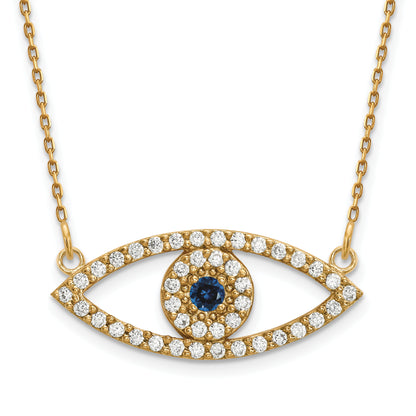 14K Yellow Gold Medium Real Diamond and Sapphire Evil Eye Necklace