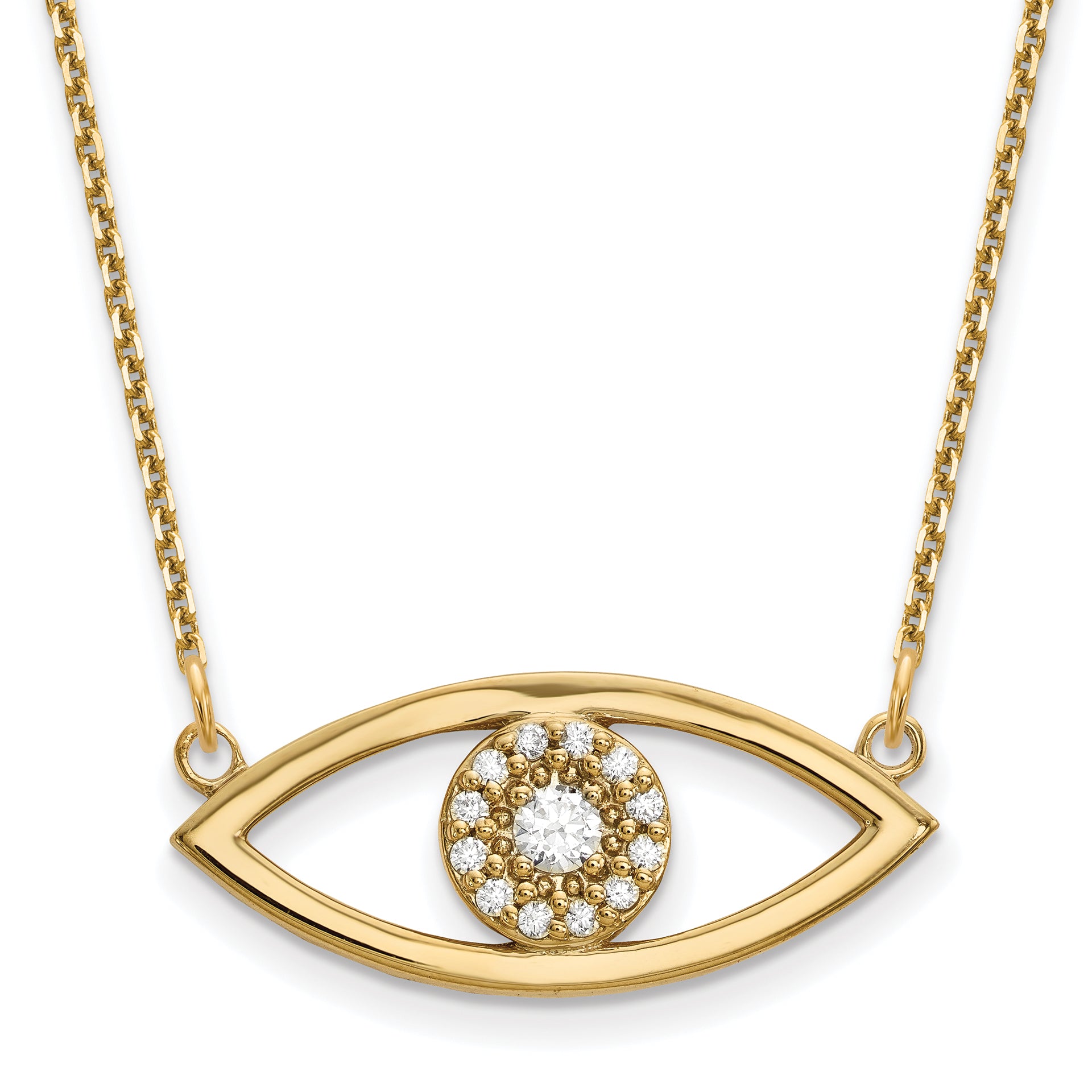 14K Yellow Gold Medium Necklace Real Diamond Evil Eye