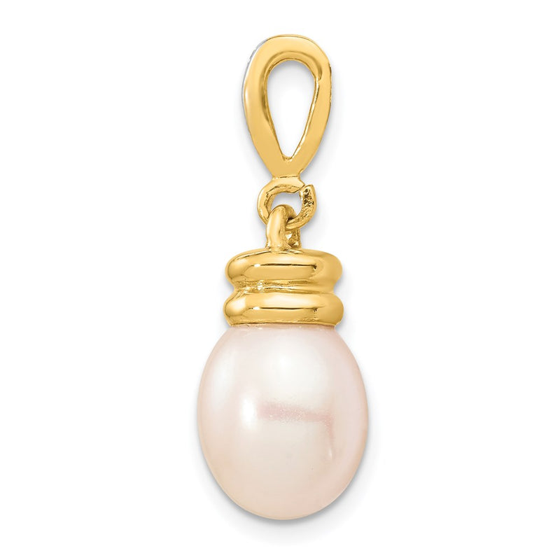 14K Yellow Gold 9 10mm White Rice Freshwater Cultured Pearl .06Tw Diamond Pendant
