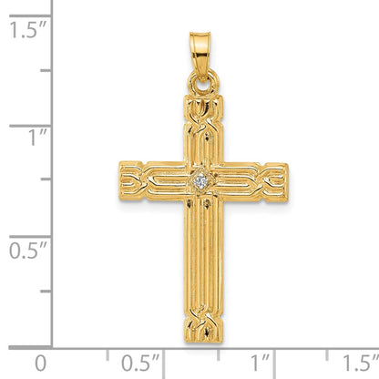14K Yellow Gold Polished and Grooved Hollow Diamond Cross Pendant
