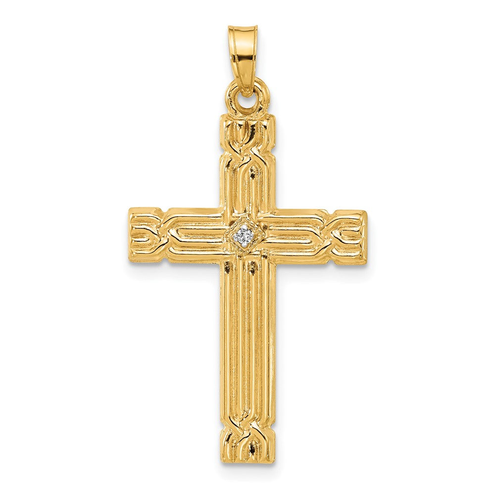 14K Yellow Gold Polished and Grooved Hollow Diamond Cross Pendant