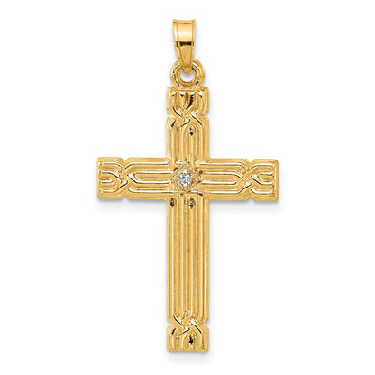 14K Yellow Gold Polished and Grooved Hollow Diamond Cross Pendant