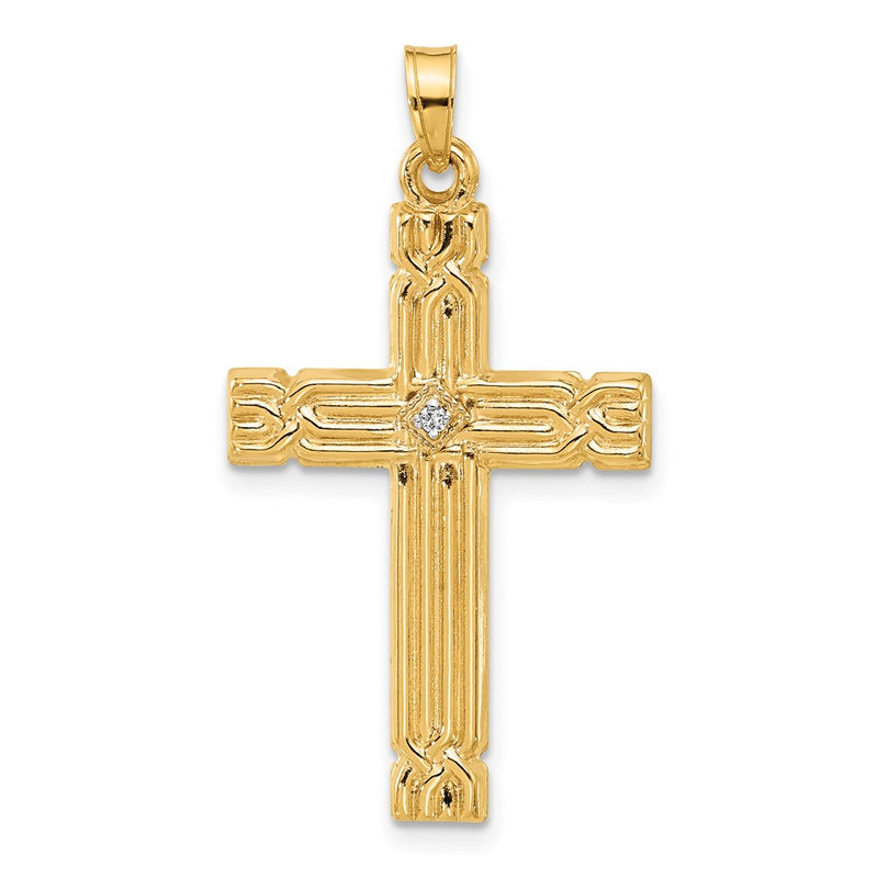 14K Yellow Gold Polished and Grooved Hollow Diamond Cross Pendant