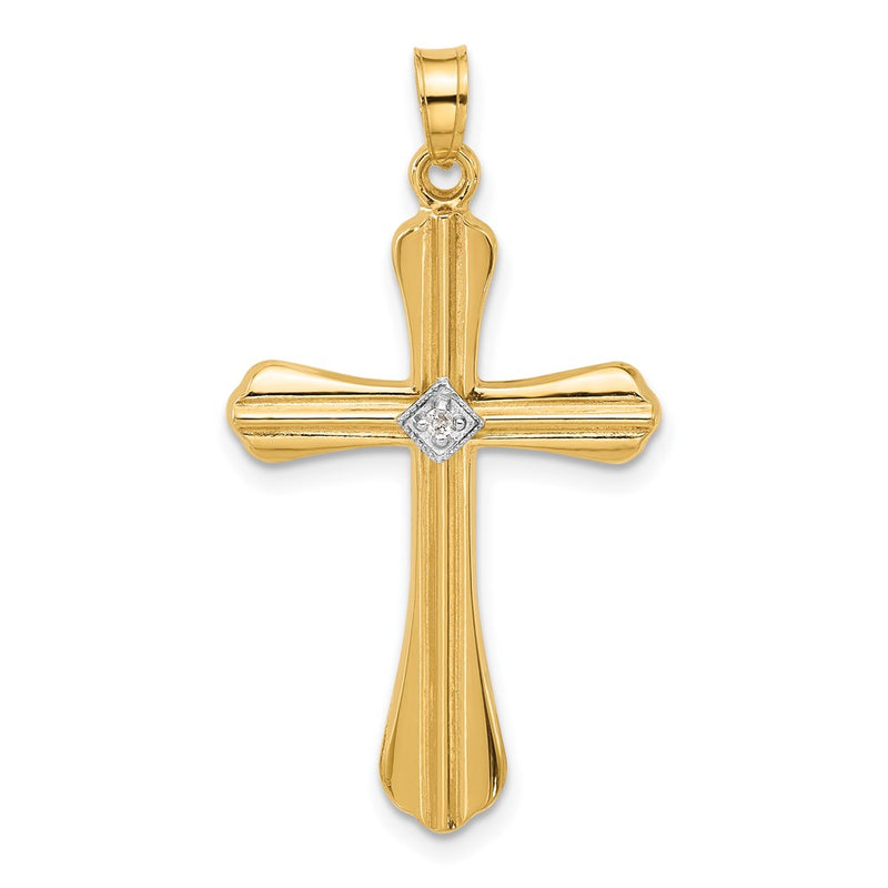 14K Yellow Gold Polished and Grooved Hollow Diamond Cross Pendant