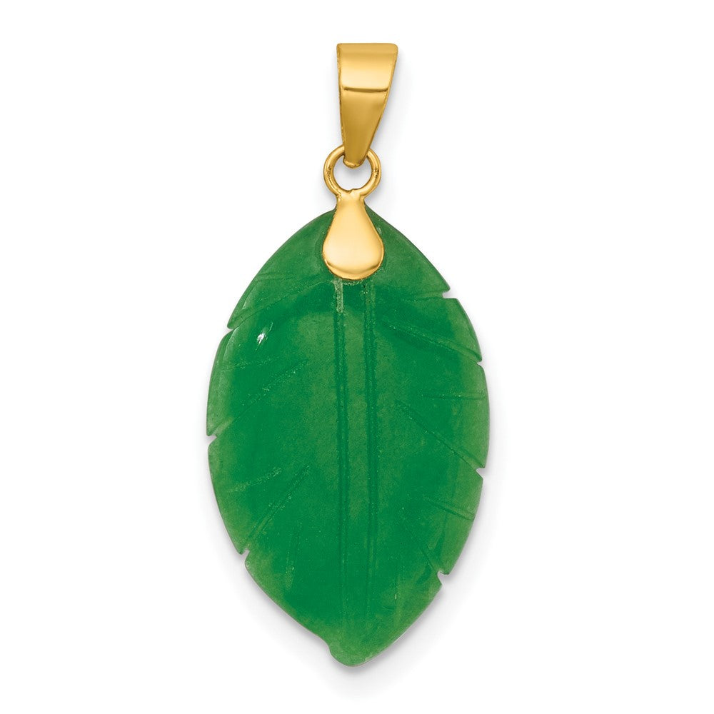 14K Yellow Gold Polished Carved Jade Leaf Pendant