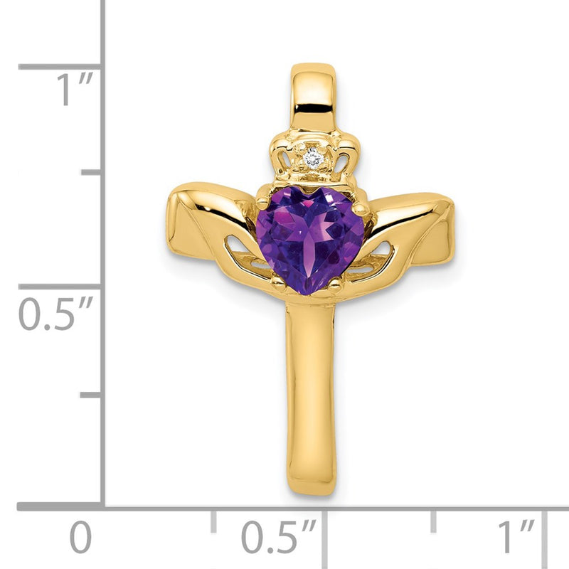 14k 6mm Claddagh Amethyst Natural Diamond Cross Pendant