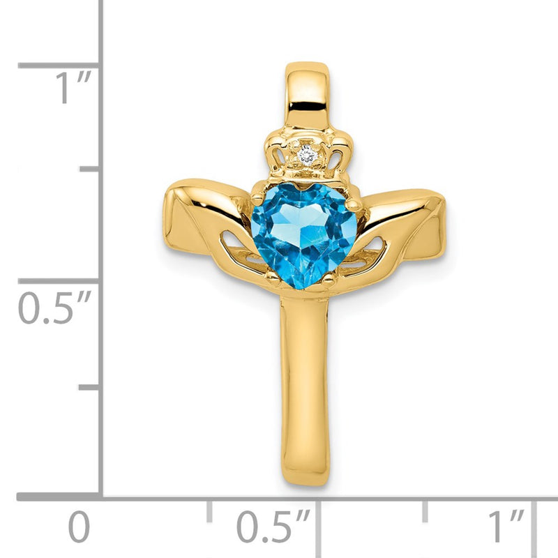 14k 6mm Claddagh Blue Topaz Natural Diamond Cross Pendant