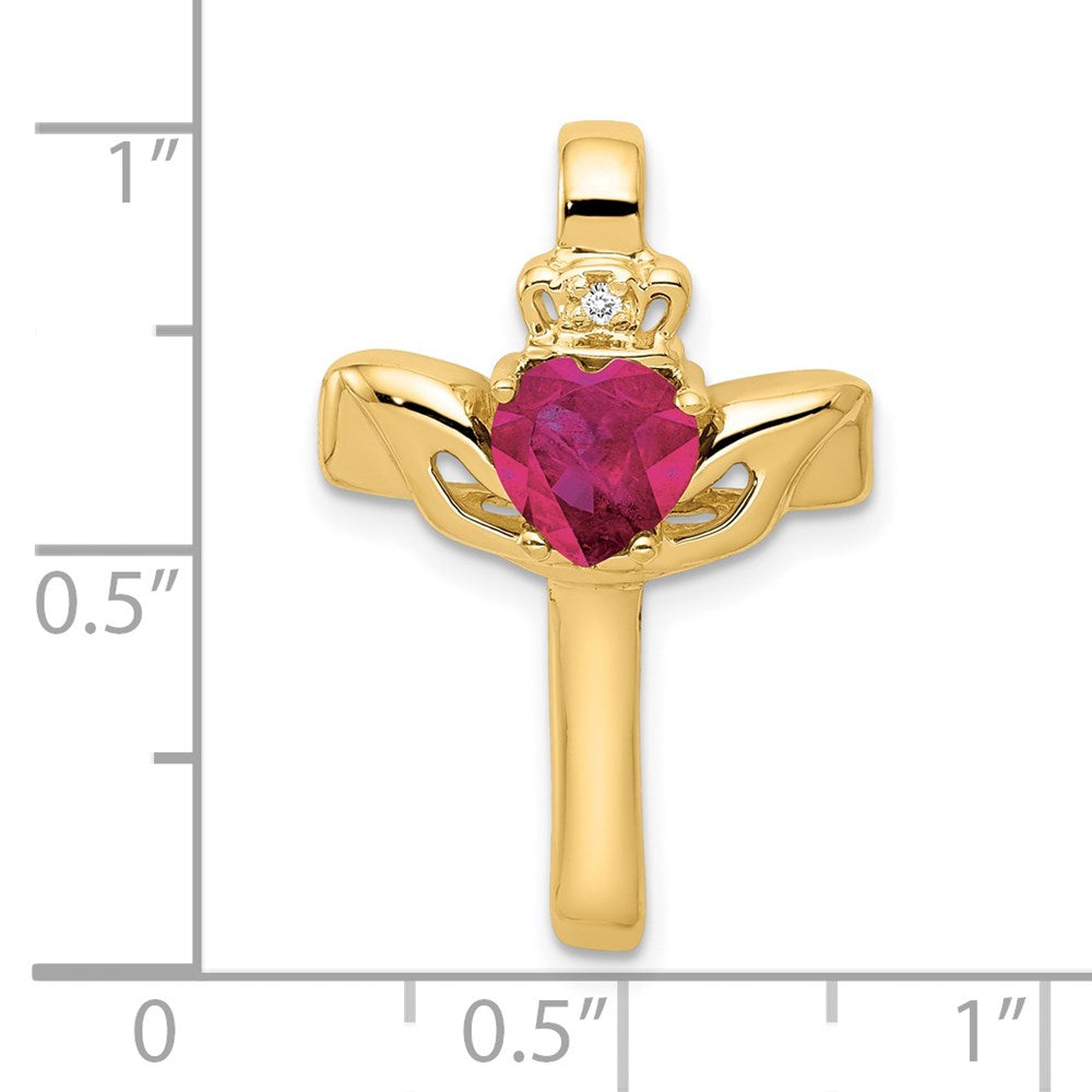14k 6mm Claddagh Created Ruby Natural Diamond Cross Slide