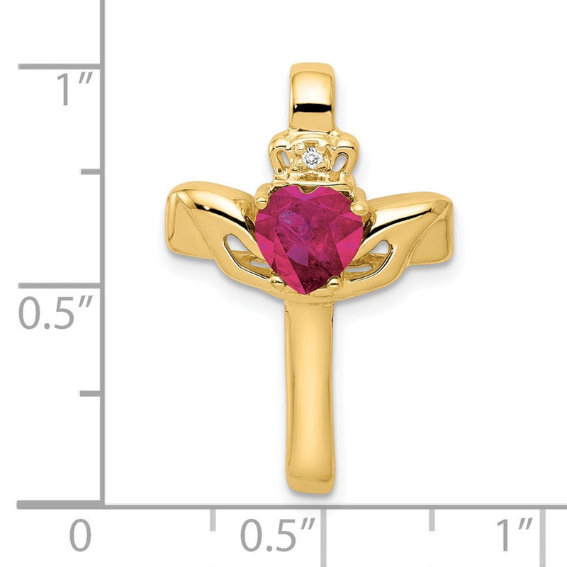 14k 6mm Claddagh Created Ruby Natural Diamond Cross Slide