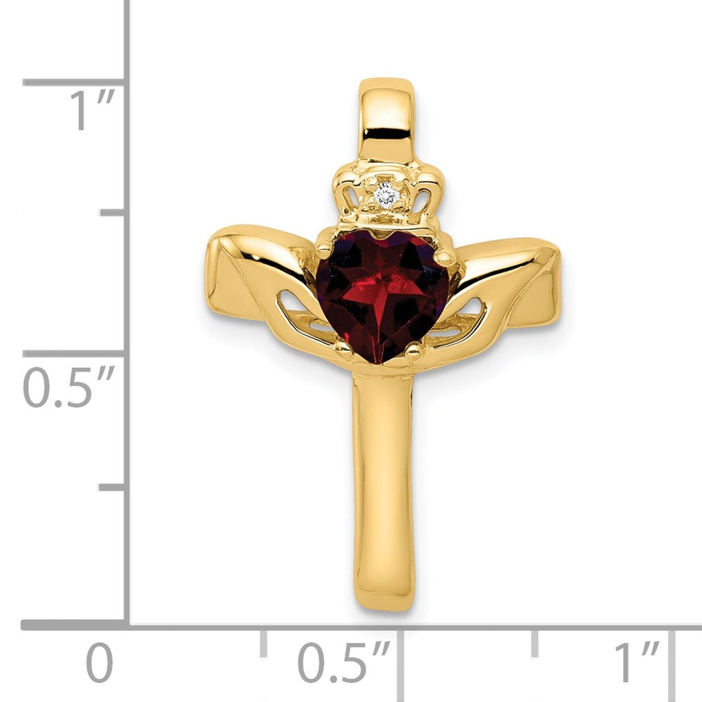 14k 6mm Claddagh Garnet Natural Diamond Cross Pendant