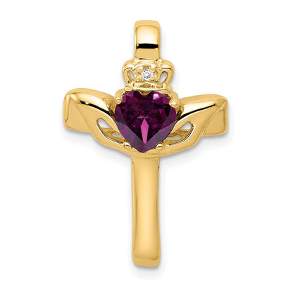 14k Yellow Gold 6mm Claddagh Rhodolite Garnet AA Diamond Cross Slide