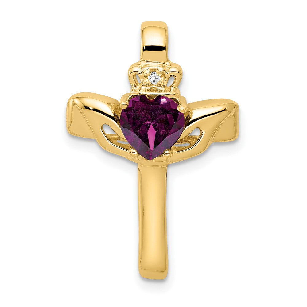 14k Yellow Gold 6mm Claddagh Rhodolite Garnet VS Diamond Cross Slide