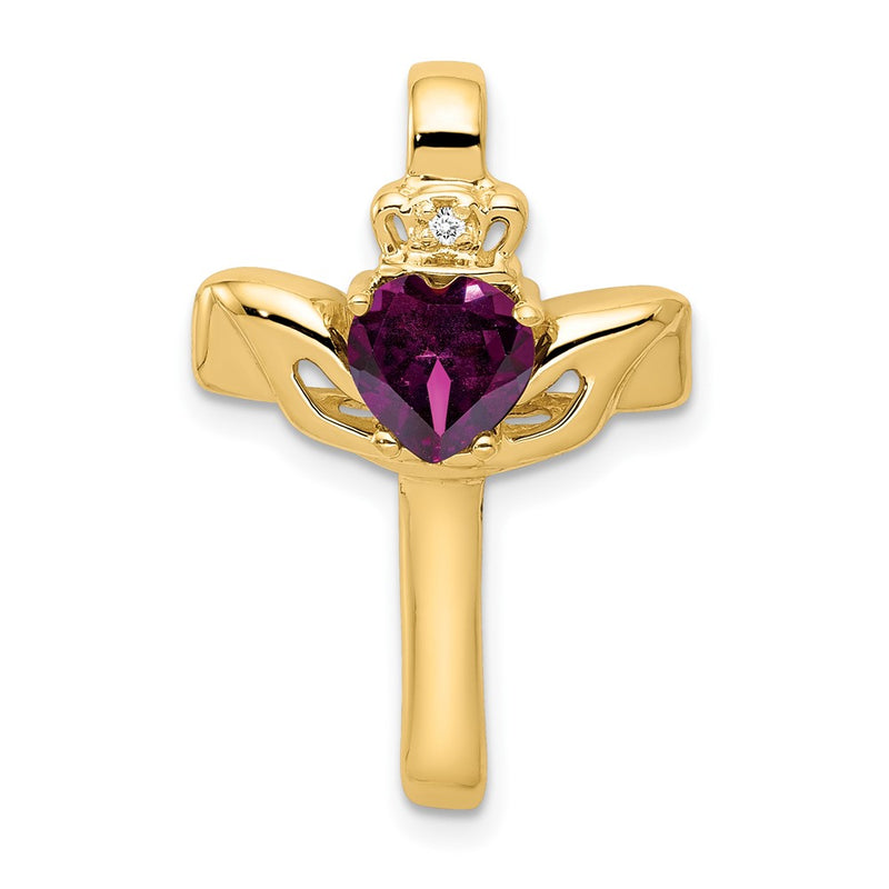 14k Yellow Gold 6mm Claddagh Rhodolite Garnet VS Diamond Cross Slide