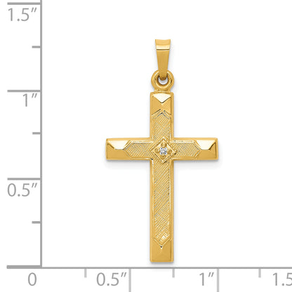 14K Yellow Gold Textured And Polished Diamond Cross Pendant