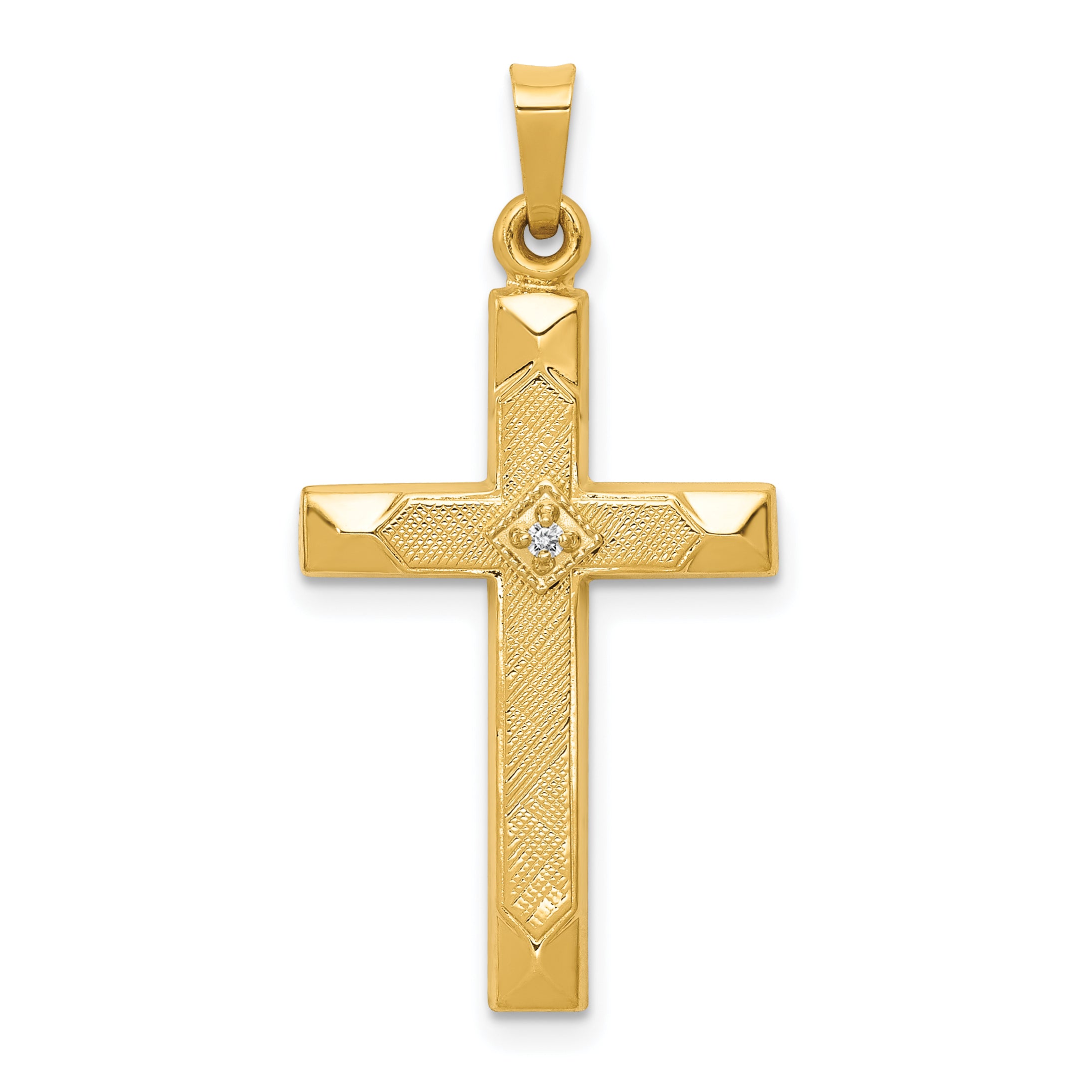 14K Yellow Gold Textured And Polished Diamond Cross Pendant