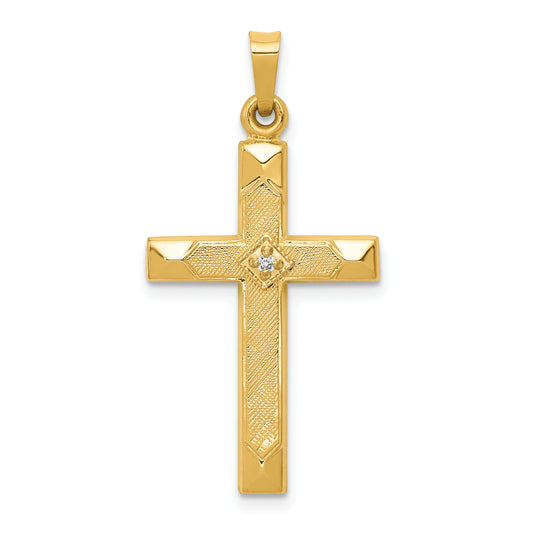 14K Yellow Gold Textured And Polished Diamond Cross Pendant