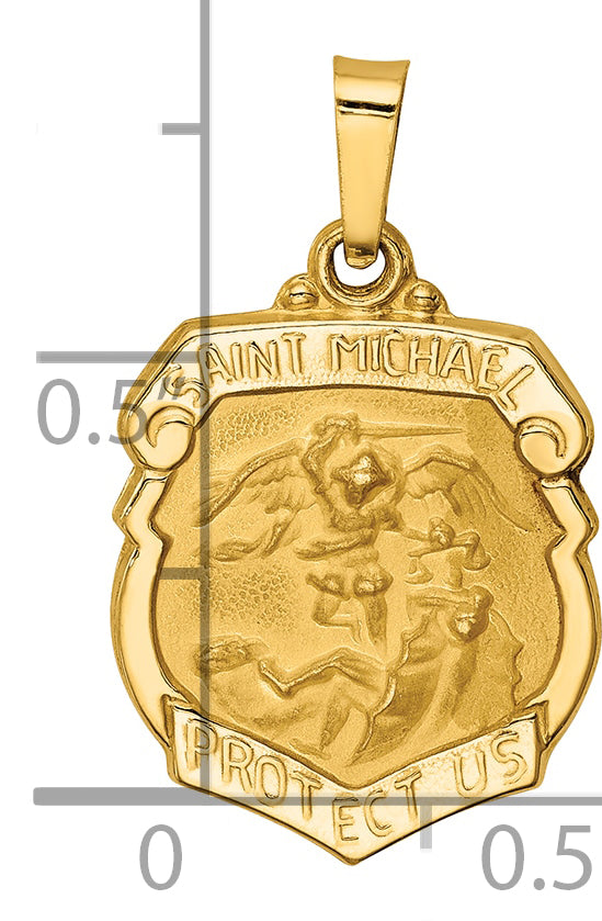 14k Yellow Gold 14k Polished and Satin St Michael Badge Medal Hollow Pendant