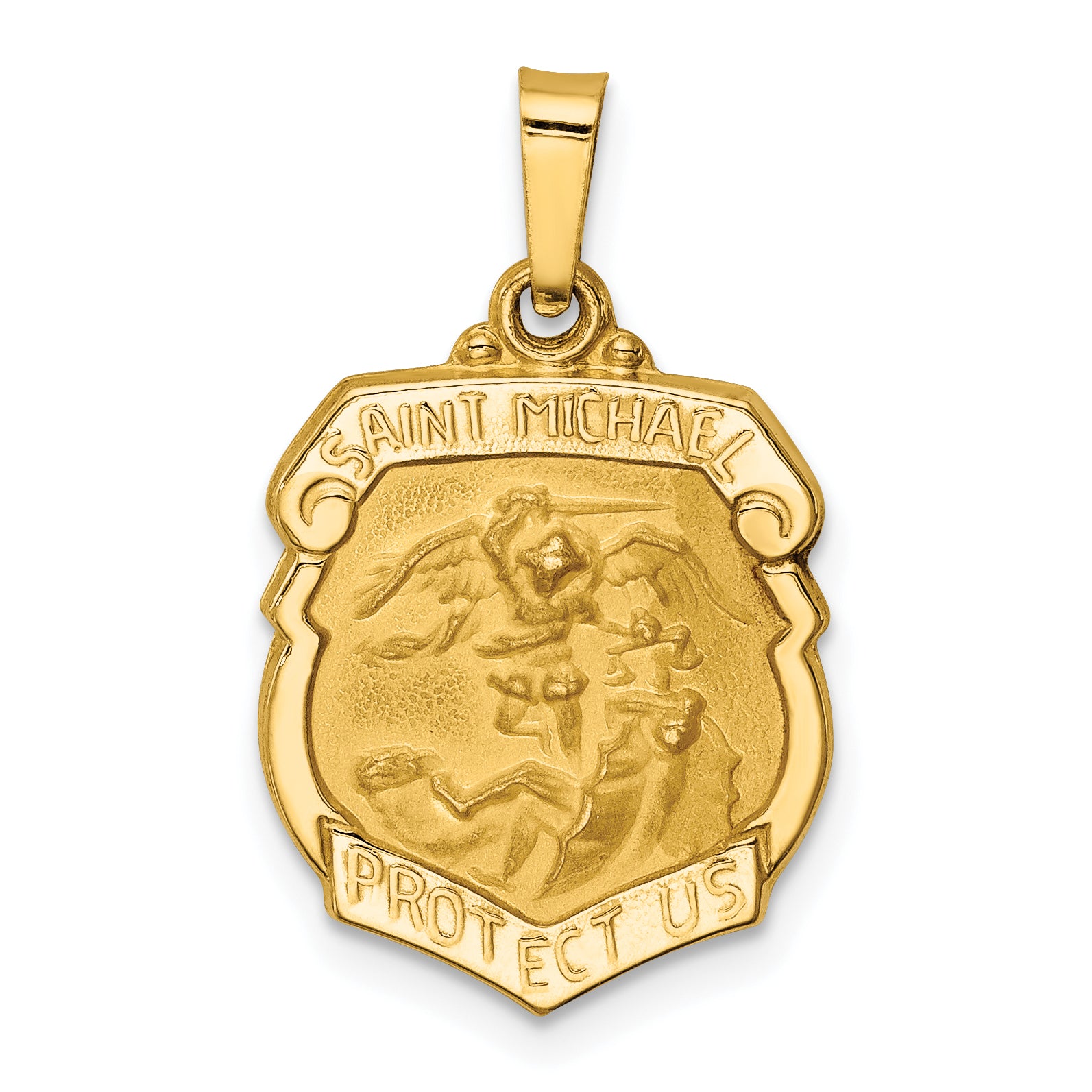 14k Yellow Gold 14k Polished and Satin St Michael Badge Medal Hollow Pendant
