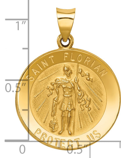 14K Yellow Gold Polished And Satin St Florian Medal Hollow Pendant