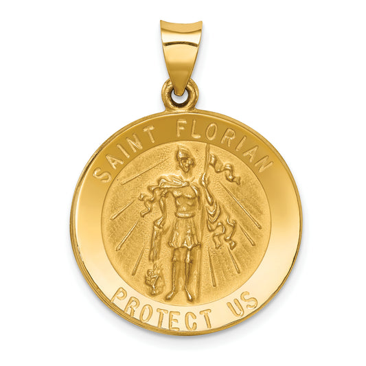14K Yellow Gold Polished And Satin St Florian Medal Hollow Pendant