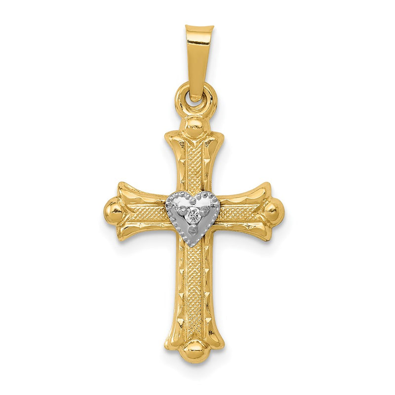 14K Yellow & Rhodium Diamond Fleur De Lis Cross Pendant