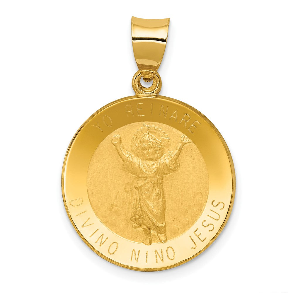 14k Yellow Gold 14K Polished Satin Hollow Divino Nino Round Medal Pendant