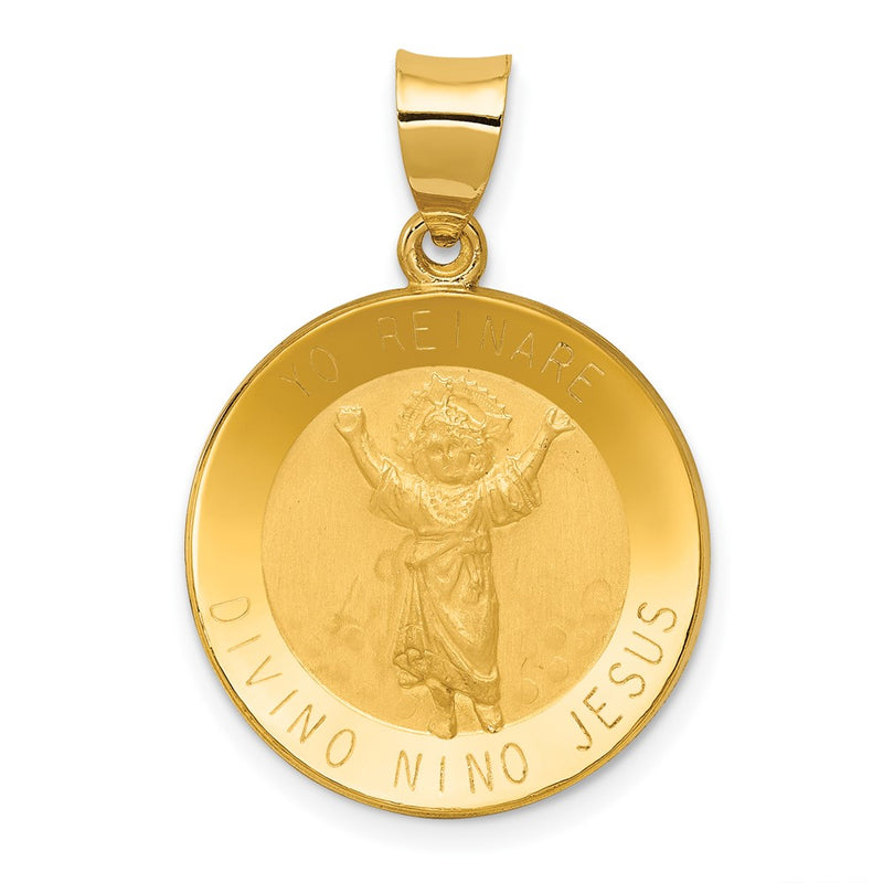 14k Yellow Gold 14K Polished Satin Hollow Divino Nino Round Medal Pendant