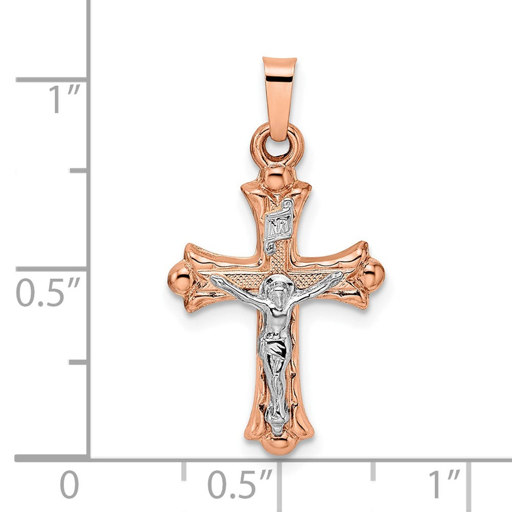 14k Two-tone 14k Rose and White Gold Polished Fleur de Lis INRI Hollow Crucifix