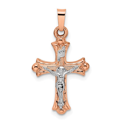 14k Two-tone 14k Rose and White Gold Polished Fleur de Lis INRI Hollow Crucifix