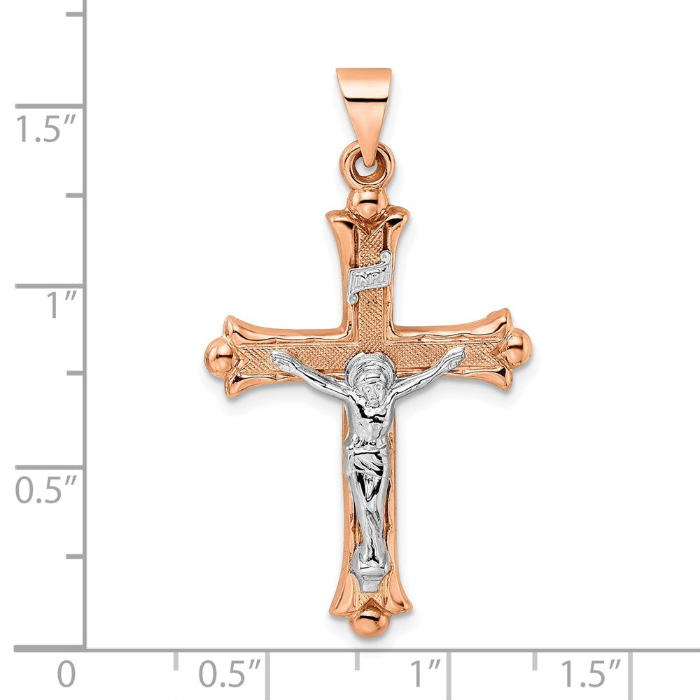 14k Two-tone 14k Rose and White Gold Polished Fleur de Lis INRI Hollow Crucifix