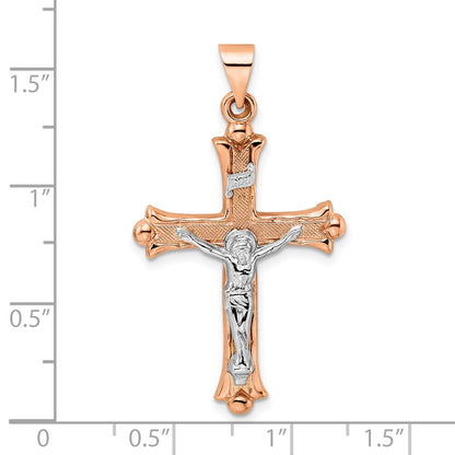 14k Two-tone 14k Rose and White Gold Polished Fleur de Lis INRI Hollow Crucifix