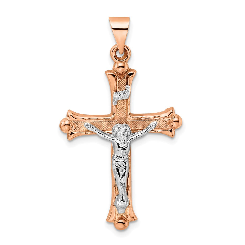 14k Two-tone 14k Rose and White Gold Polished Fleur de Lis INRI Hollow Crucifix