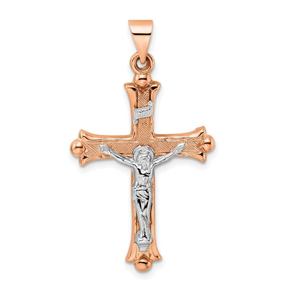 14k Two-tone 14k Rose and White Gold Polished Fleur de Lis INRI Hollow Crucifix