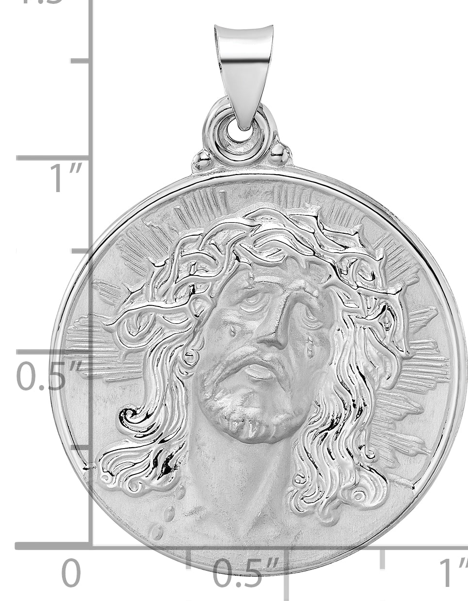 14K White Gold Polished And Satin Hollow Jesus Face Disc Pendant