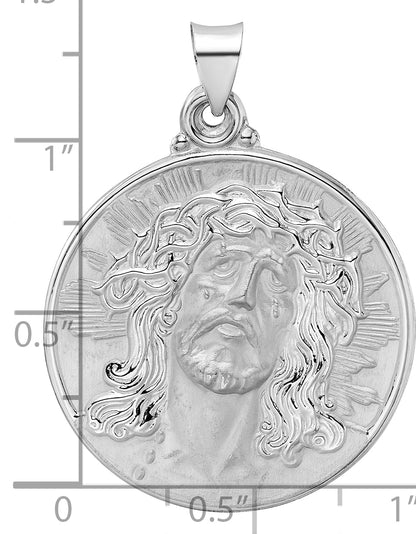 14K White Gold Polished And Satin Hollow Jesus Face Disc Pendant