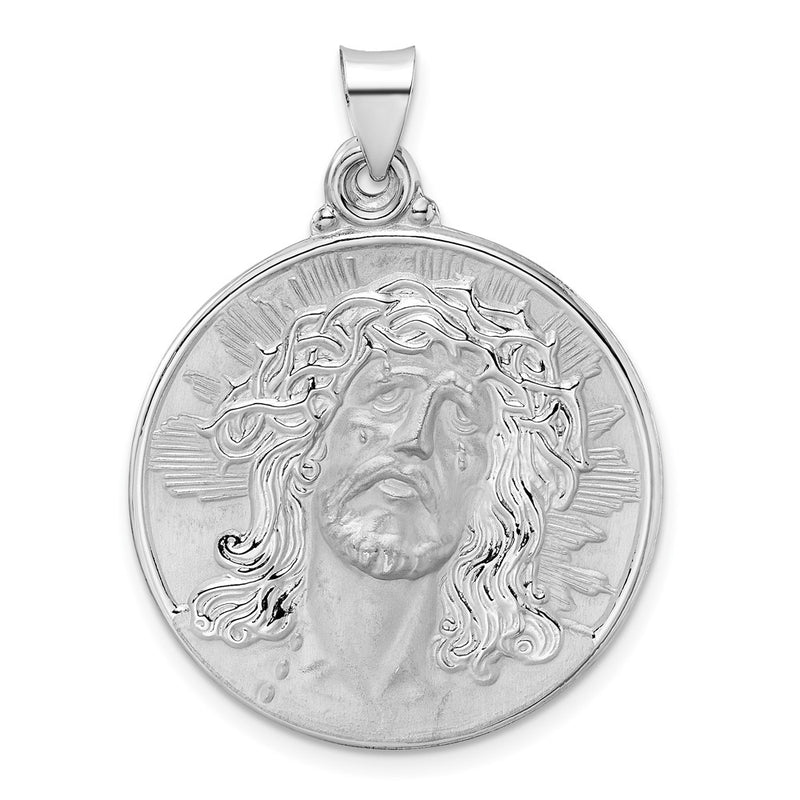 14K White Gold Polished And Satin Hollow Jesus Face Disc Pendant