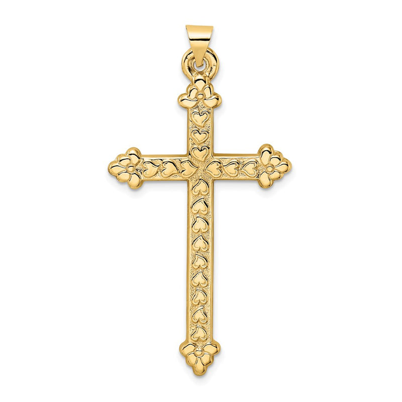 14k Yellow Gold 14k Polished and Textured Hollow Hearts Cross Pendant