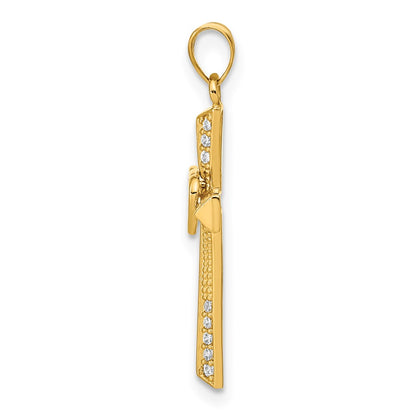 14k Yellow Gold 14K Cross with Double Hearts CZ Pendant