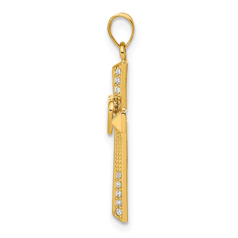14k Yellow Gold 14K Cross with Double Hearts CZ Pendant