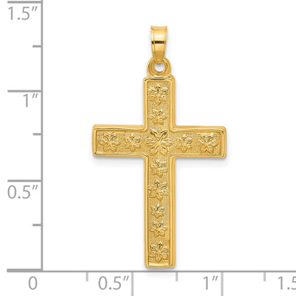 14K Yellow Gold Polished and Textured Floral Cross Pendant