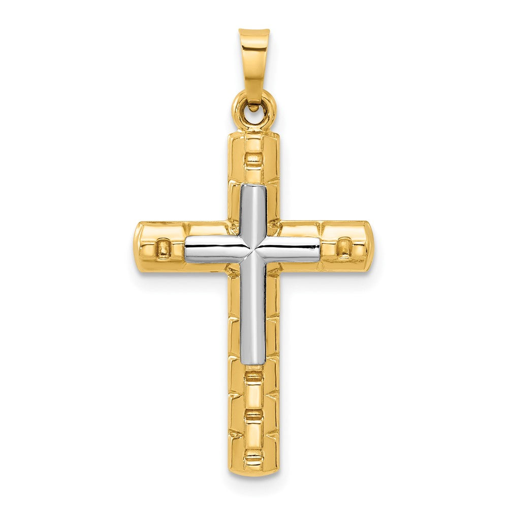 14K Two-Tone Textured and Polished Hollow Latin Cross Pendant