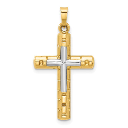 14K Two-Tone Textured and Polished Hollow Latin Cross Pendant