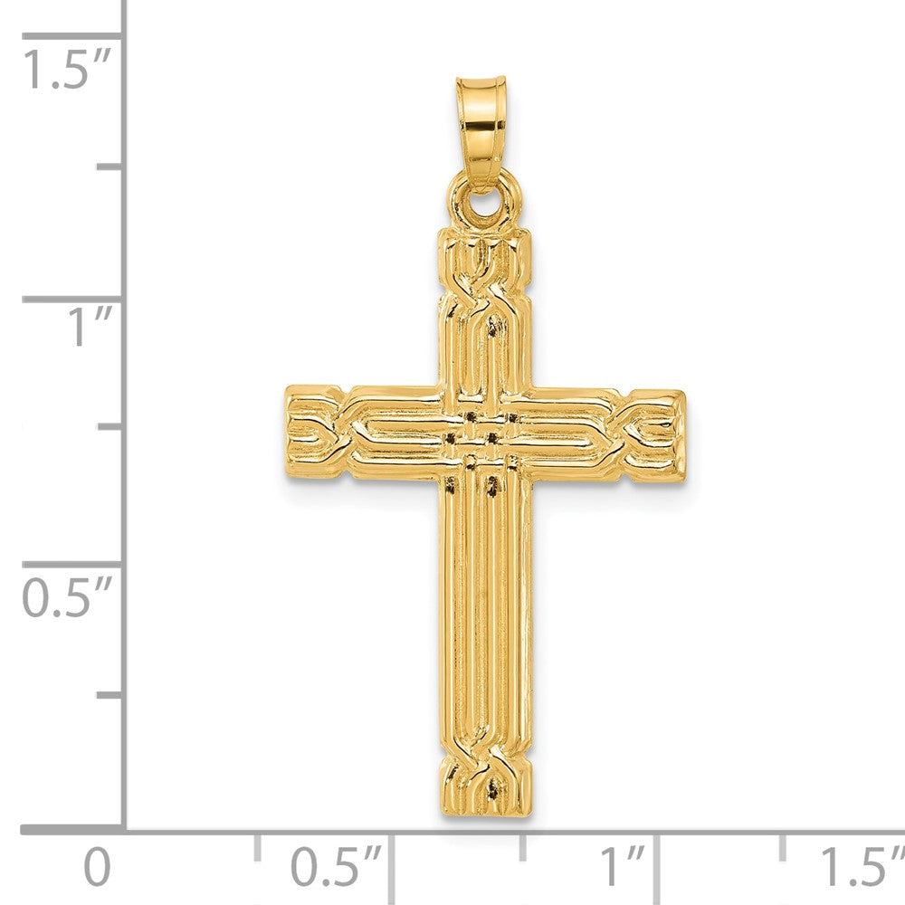 14K Yellow Gold Polished and Grooved Hollow Cross Pendant