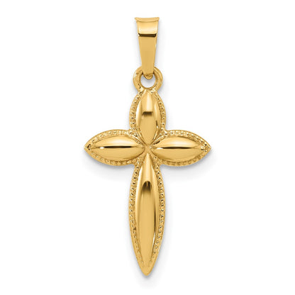 14K Yellow Gold Polished and Beaded Hollow Edge Passion Cross Pendant