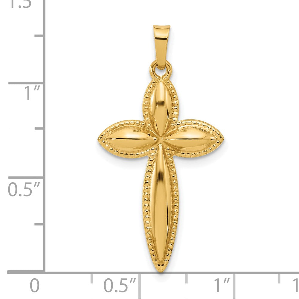 14K Yellow Gold Polished and Beaded Hollow Edge Passion Cross Pendant