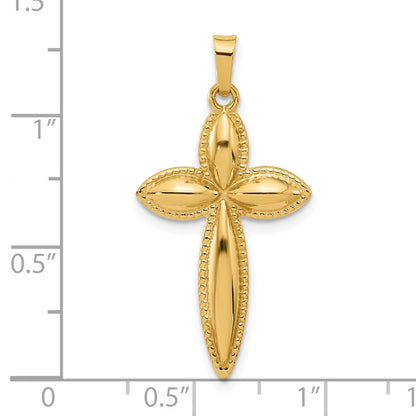 14K Yellow Gold Polished and Beaded Hollow Edge Passion Cross Pendant