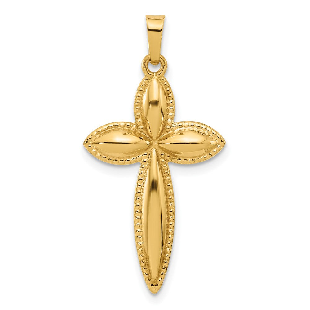 14K Yellow Gold Polished and Beaded Hollow Edge Passion Cross Pendant